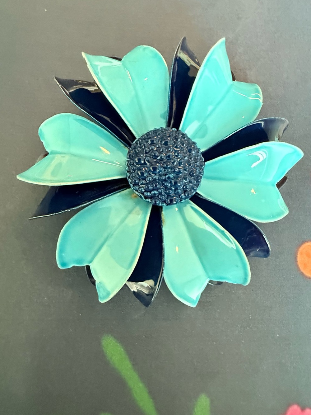 Decorative Teal and Navy Flower Enamel Brooch
